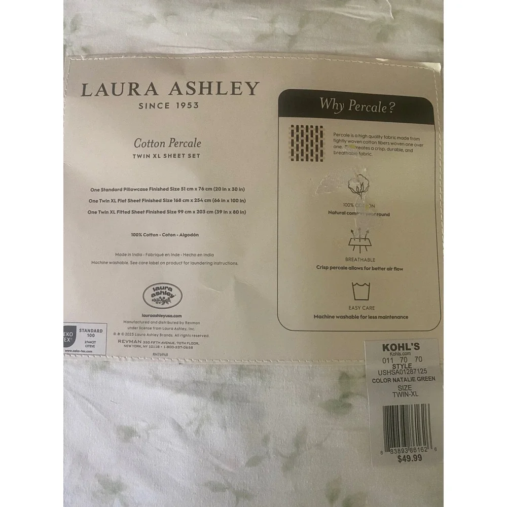 Laura Ashley Twin XL Sheet Set Cotton Percale Natalie Green Floral 3pc Bedding